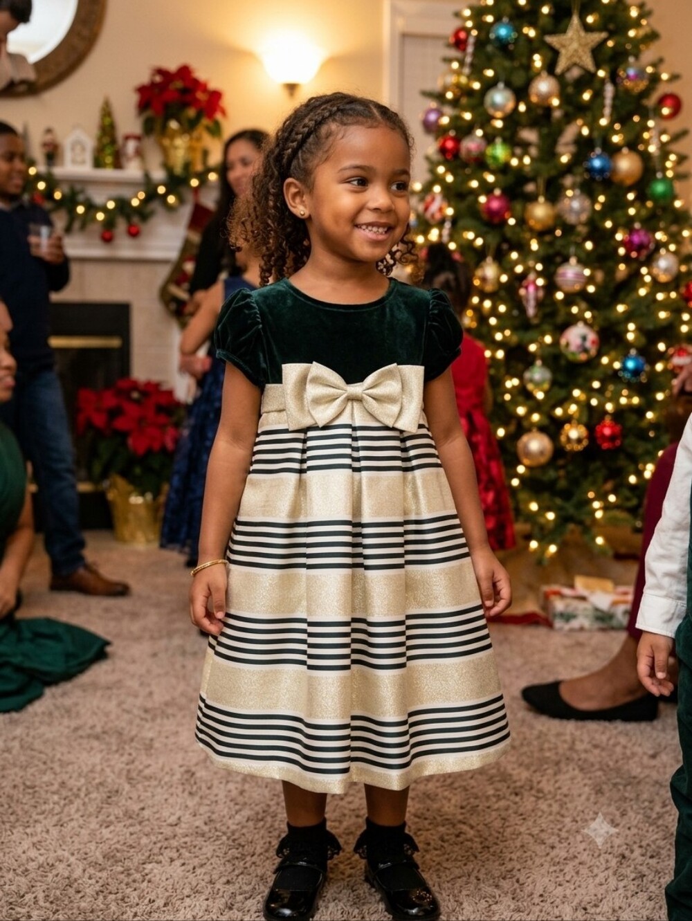Bonnie Jean Empire WaistGreen Velvet Bodice w/Stripe Skirt & Bow Dress,S-4, NWT